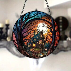 Haunted House Suncatcher Goth Halloween Creepy Forest Moon Hanging In/Outdoor